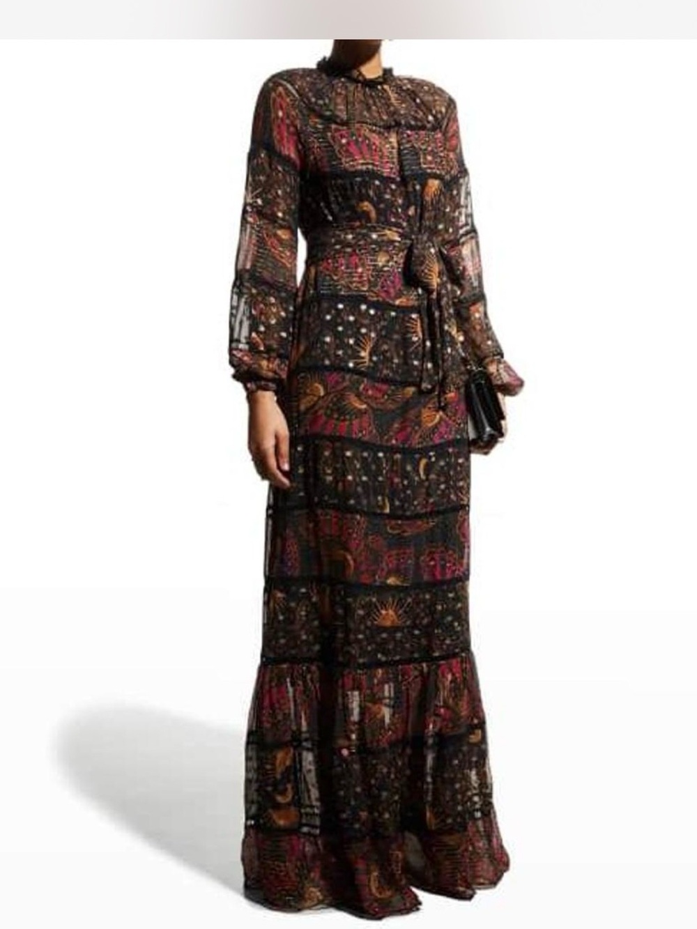 FARM Rio Black Maxi Dress with Pink, Orange and Gold Accents